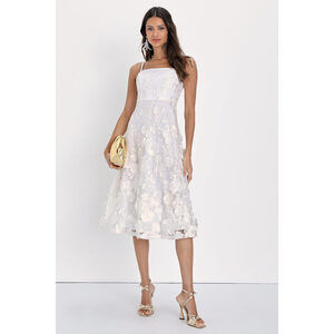 Lulus Glamour Garden White 3d Floral Embroidered Midi Dress - Size M